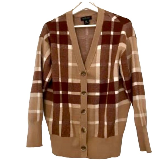 Rachel Zoe Brown Plaid Button-up Cardigan Sweater M - Picture 1 of 9
